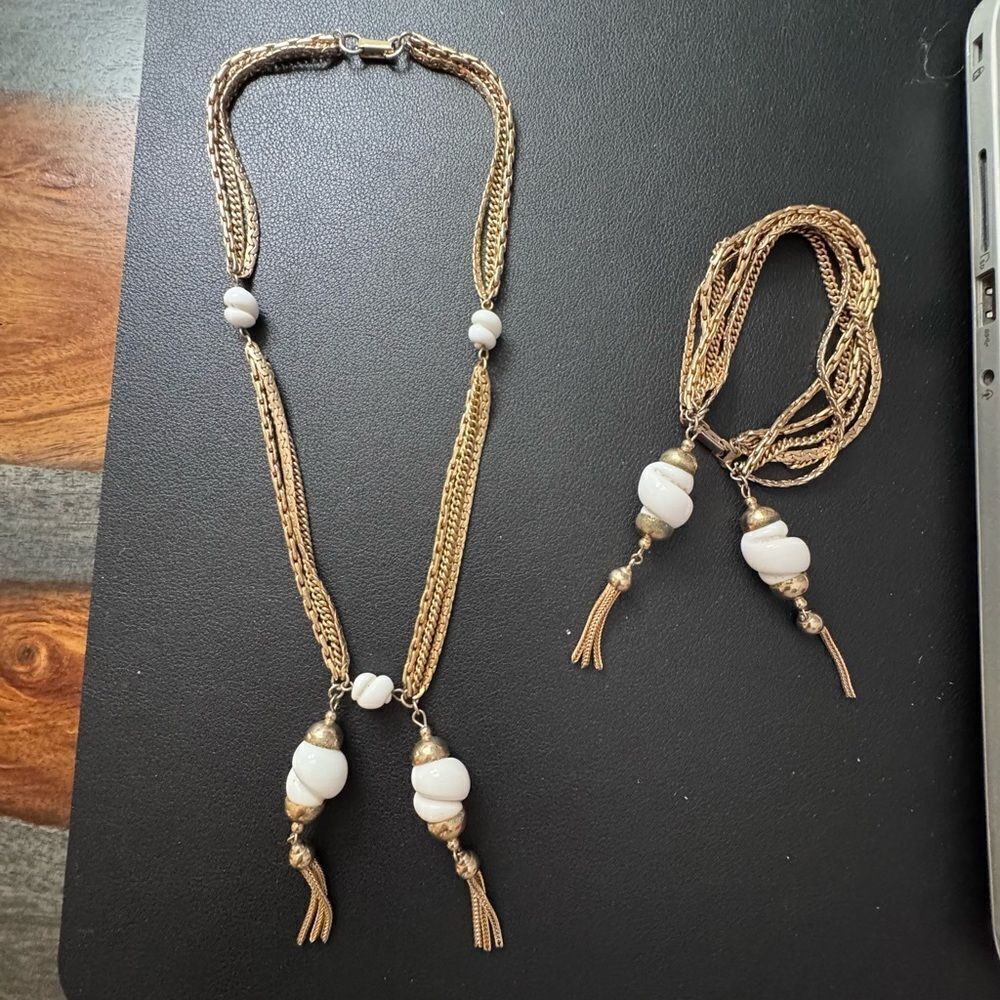 Vintage Gold Plated Necklace and Bracelet Beaded Tassels Two Piece Set